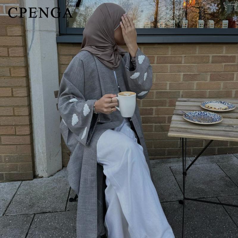 エスニック服サウジアラビアの雲がオープンアバヤエレガントイードイスラム教徒の女性のためのマードコートイスラム教七面鳥刺繍ドレスコットンリネン長袖