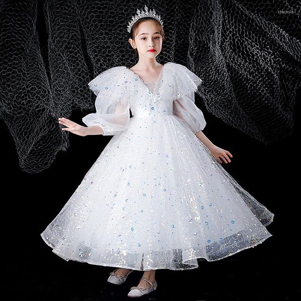 Venta de ropa étnica dulce niña elegante vestido de princesa fiesta de cumpleaños niños malla blanca exquisita lentejuelas rebordear vestidos ropa