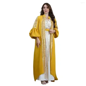 Etnische kleding pailletten abaya 2-delige set lange islamitische elegante feestriem bladerdeeg mouw goud chiffon avondjurken moslimvrouwen