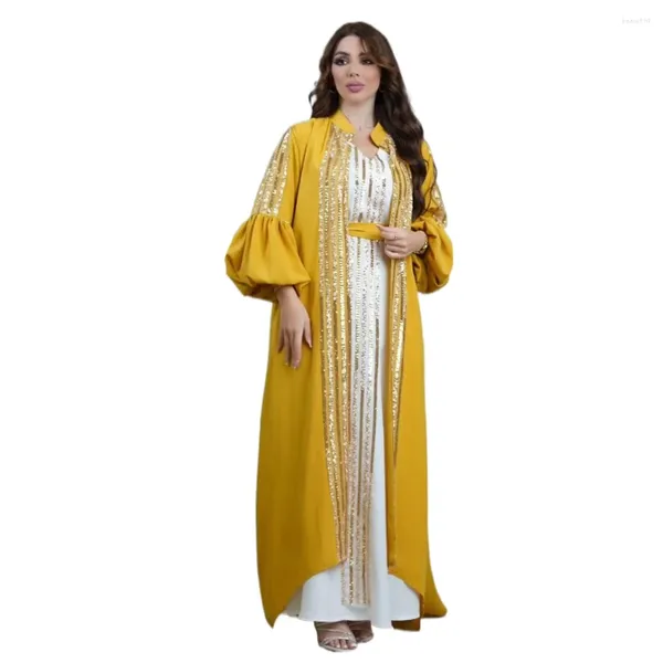 Vêtements ethniques Paillettes Abaya 2 pièces Ensemble longue islamique élégante ceinture de fête manches bouffantes robes de soirée en mousseline d'or femmes musulmanes