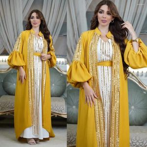 Vêtements ethniques à paillettes à paillettes Abaya pour femmes Set Muslim Farty Robe Robes à lacets en deux pièces Caftan Evening Robe Vestidos