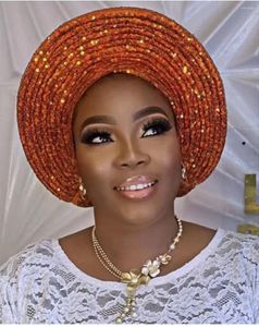 Etnische kleding pailletten automatisch geel hoofde van Afrikaanse dameshoofd wraps mode tulband cap nigeria bruiloft geles maakte al stropdassen hoofddeksel
