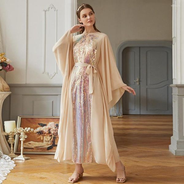 Vêtements Ethniques Paillettes Robes De Soirée Femmes Musulmanes Abaya Dubaï Caftan Marocain Jellaba Sash Kimono Ramadan Hijab Robe Femme Musulmane