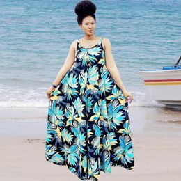 Ethnische Kleidung Sexy Strandkleider für Frauen Afrikanischer Sommer ärmelloses hohes Taillen-Spaghetti-Trägerkleid Vintage bedrucktes lockeres Maxi-Robe