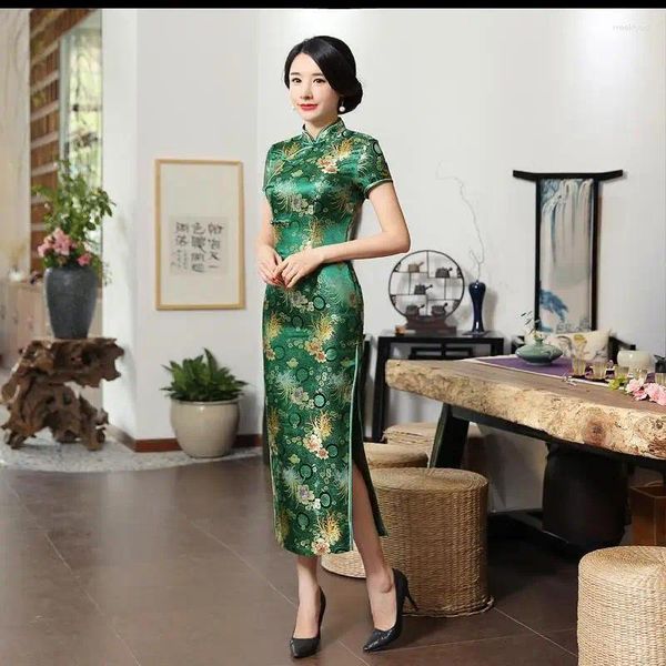 Vêtements ethniques Sexy Cheongsam Classique Style Chinois Robe Verte Femme Mariage Satin Été Long Tempérament