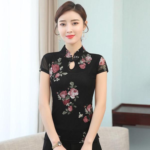 Vêtements ethniques Sexy Cheongsam Chemise Vintage Fleur Femmes Chinois Traditionnel Qipao Blouse D'été À Manches Courtes Tops Plus La Taille M-3XLEthnic