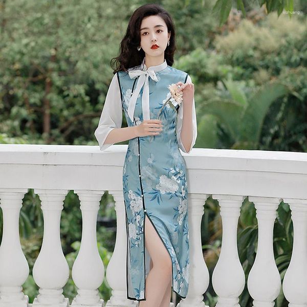 Vêtements ethniques Sexy en mousseline de soie demi manches imprimé Satin chinois femmes Cheongsam élégant col Mandarin arc Qipao robes