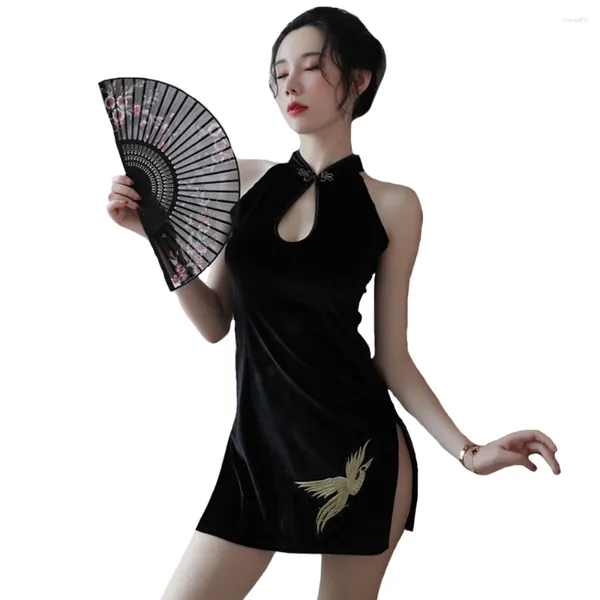 Ropa étnica Cosplay Sexy Vestido tradicional chino para mujeres Disfraces eróticos Qipao Party Black Bordery Black Cheongsam Lingerie