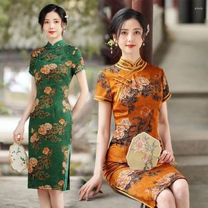 Vêtements ethniques Sexy Double ourlet Mandarin Collier imprimé Satin Qipao Robe à manches