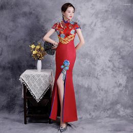 Etnische Kleding Sexy Borduurwerk Applique Cheongsam Retro Mandarijn Kraag Korte Mouw Hight Split Satijn Qipao Chinese Vrouwen Avondjurk