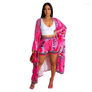 Etnische kleding sexy mode bovenkleding losse mantel X-long top en elastische shorts print tweedelige set voor African Women Outfit Summer 2023