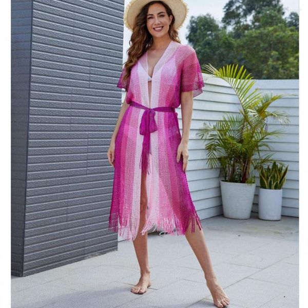 Vêtements ethniques Sexy Fringe Tassel Mesh Sheer Shiny Knitted Tunic Beach Cover Up Cover-ups Dress Wear Beachwear Femme Femme 2023