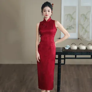 Etnische kleding sexy halter vrouwen Chinese jurken rode print vintage cheongsams qipao vrouwelijke mouwloze mandarijnkraagfeestje jurk vestidos