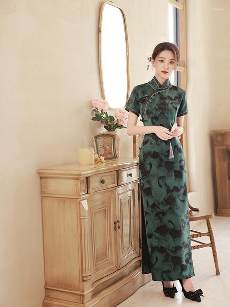 Vêtements ethniques Sexy boutons faits à la main imprimé Satin Style Long Qipao mode élégante dame à manches courtes Cheongsam robe de tous les jours