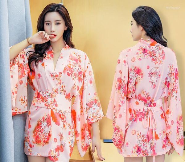 Vêtements ethniques Sexy japonais peignoir court en mousseline de soie Kimono femme imprimé uniforme grande taille femme de chambre vêtement extérieur pour dame