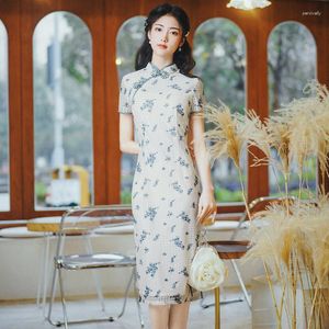 Vêtements ethniques Sexy col Mandarin en mousseline de soie Qipao robe à manches courtes femmes chinoises traditionnelles bouton à la main genou longueur Cheongsam