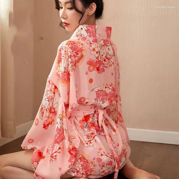 Ropa étnica sexy rosa japonés kimono bata de baño flowo estampado mini yukata haori camisón lencería íntima gasa túnica