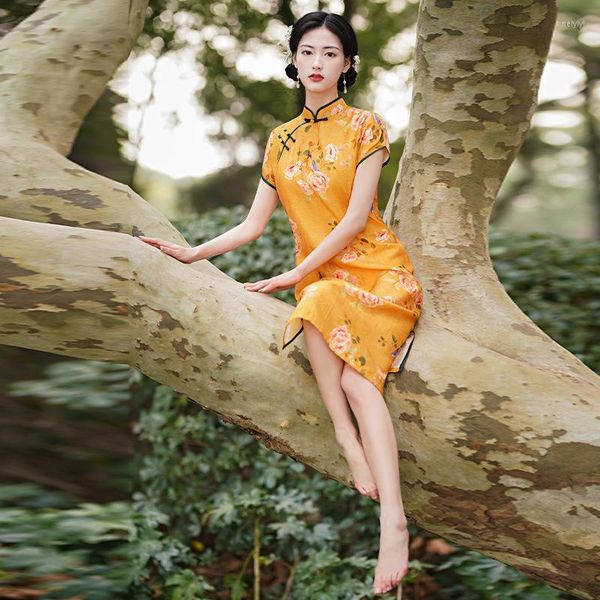 Vêtements ethniques Sexy imprimé soie lin col Mandarin manches courtes Qipao robe traditionnelle chinoise femmes genou longueur Cheongsam