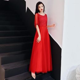 Etnische kleding sexy rode qipao flare mouw geplooide bruidsjurk jurk jurk kanten mesh patchwork cheongsam bloemen bowknot lang