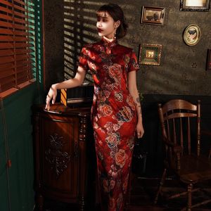 Ropa étnica Sexy Satin Mujer Qipao Vintage Vestido de noche chino Vestidos Mandarin Collar Classic Print Cheongsam Plus Tamaño S-4XL