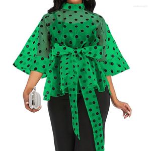 Vêtements ethniques Sexy Voir à travers Blouse et Tops Polka Dot Ceintures Taille Slim Volants Blouses Col Haut Zipper Organza Top 2024 Mode