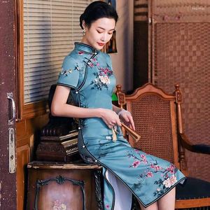 Etnische kleding Sexy strak halflang Cheongsam Klassiek dames elegant bedrukt slank Qipao satijn Plus size Chinese jurk Vintage feest
