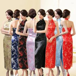 Vêtements ethniques Sexy Femmes Robe de soirée dos nu Vintage Lady Satin Cheongsam Chinois Nouveauté Qipao Fleur Oversize Party