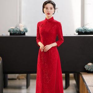 Etnische Kleding Sexy Vrouwen Kant Cheongsam Rode Klassieke Slanke Toast Kleding Traditionele Mandarijn Kraag Qipao Vestidos Vintage Ao Dai Qi Pao