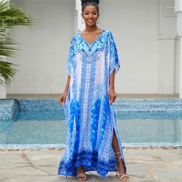 Vêtements ethniques Sexy femmes Robe robes africaines bleu lâche décontracté plage longue Robe imprimé col en V à manches courtes 2023 Costume d'été