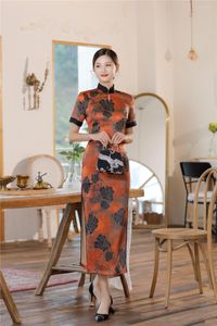 Etnische kleding Shanghai Story 2022 Mandarijn Faux Silk Long Cheongam Keyhole Qipao -jurk met split voor dames koffie m