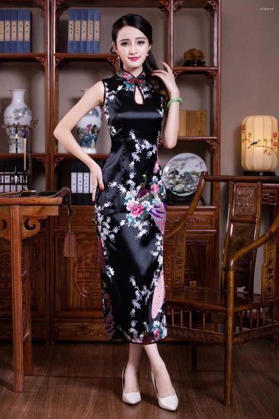Vêtements ethniques Shanghai Story Chinois Traditionnel Long Sans Manches Cheongsam Robes Robe Paon Imprimé Qipao 4 Couleur