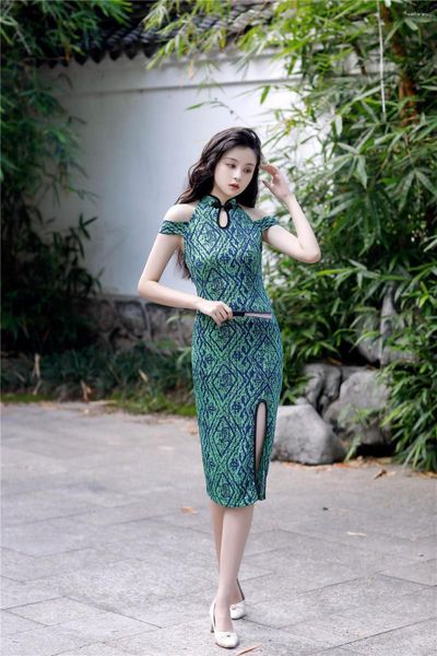 Ropa étnica Shanghai Story Busto abierto Bodycon Longitud de la rodilla Cheongsam Vestido Estilo chino Cuello mandarín Ahueca hacia fuera Qipao moderno
