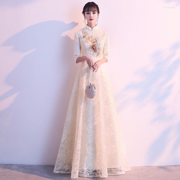 Ropa étnica Sheng Coco Banquete Vestido de recepción de noche Cordón femenino Estilo chino Cheongsam Largo Dama de honor Etiqueta de bienvenida