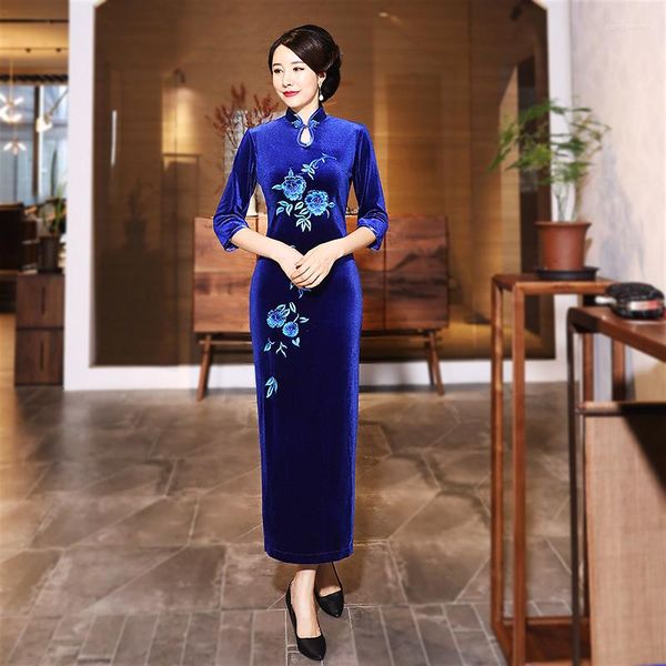 Vêtements Ethniques Sheng Coco Bleu Velours Cheongsam Robe Longue Fleur Brodée Qipao Dames Vêtements Mince Chinois Automne Porter Rouge Violet