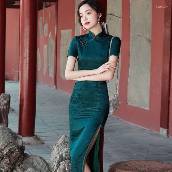 Vêtements Ethniques Sheng Coco Chine Qipao Vert Foncé Rose Motif Robes Chinois Style Amélioré Robe Long Oriental Colliers Chipao