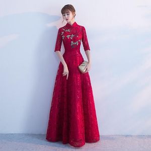 Etnische kleding Sheng Coco Chinese kleding Bruid Bruiloft Slim Long Red Half Sleeve Cheongsam Jurken Dignified Sfeer Jurk