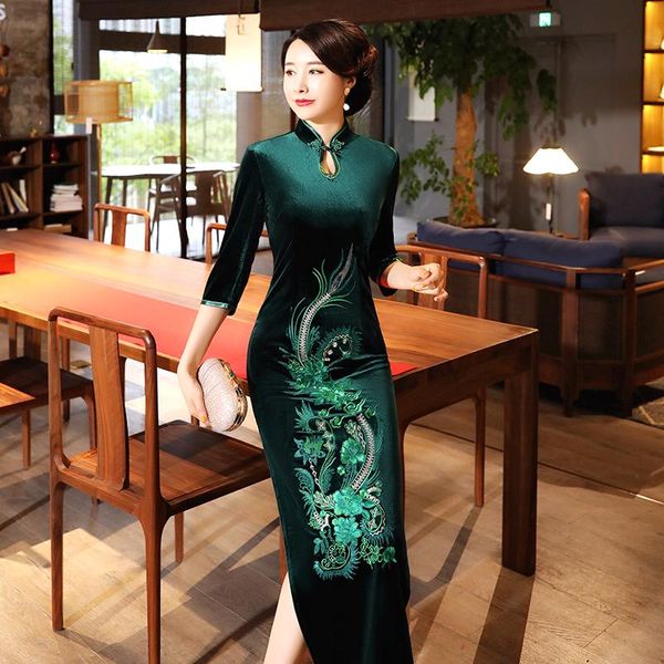 Ropa étnica Sheng Coco bordado Pavo Real terciopelo Cheongsam Qipao vestidos traje de manga larga mujeres vestido chino ShanghaiEthnic