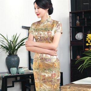 Vêtements Ethniques SHENG COCO Brocart Doré Qipao Robes Chinoises Motif Été Satin Boucle Inclinable Long Modérateur Vêtements Vert XXXL