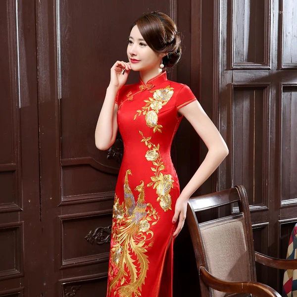 Ropa étnica Sheng Coco Oriental Vestidos largos de noche Cheongsam con brocado chino dividido Satén Realizando T-Show Qipao