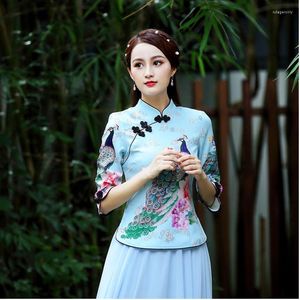 Vêtements ethniques SHENG COCO S-4XL Chemisier Chinois Traditionnel Cheongsam Paon Impression Qipao Tops Dames Chemises Améliorer Moden Hanfu