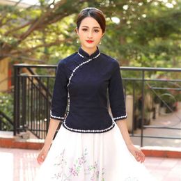 Etnische Kleding Sheng Coco S-4XL Plus Size Traditionele Chinese Cheongsam Shirts Marineblauw Vrouw Blouse Katoen Qipao Tops273n