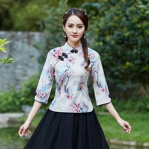 Vêtements ethniques SHENG COCO S-4XL grande taille chinois Qipao hauts femme bleu impression fleurs chemise automne Cheongsam Blouse Hanfu