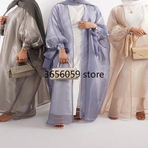 Etnische Kleding Glinsterende Open Abaya Kimono Voor Vrouwen Zijdeachtige Ballon Mouw Lange Jurk Vest Moslim Dubai Arabische Zomer Party Outfit Ramada