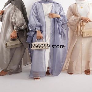 Etnische kleding glinsterende open abaya kimono voor vrouwen zijdeachtige ballon mouw lange jurk Cardigan moslim Dubai Arabische zomerfeest -outfit Ramadan 230529