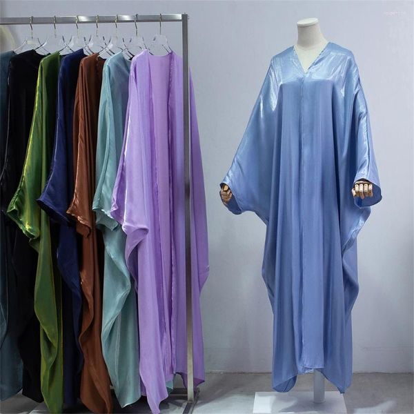 Ropa étnica Brillante Satén Abierto Abaya Mujeres Batwing Manga Ramadán Musulmán Vestido Largo Kimono Golfo Outwear Cardigan Islam Turco Modesto