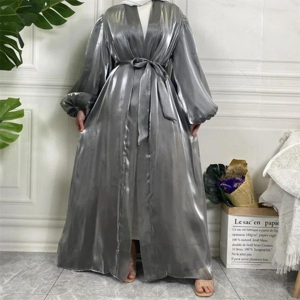 Ropa étnica Seda brillante Satén Abierto Abaya Kimono Kaftan Linterna Mangas Cardigan Musulmán Hijab Vestido Arabia Abayas para mujeres Dubai Turquía