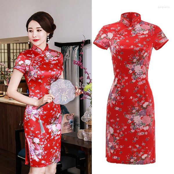 Vêtements ethniques court imprimé fleur Cheongsam Sexy Style chinois robe femmes Satin Qipao traditionnel col Mandarin Vestidos Tang