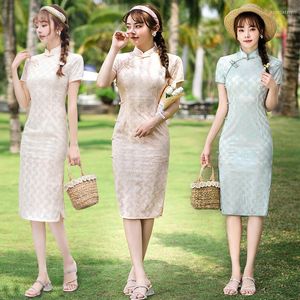 Vêtements ethniques à manches courtes en dentelle été femmes Qipao chinois traditionnel dame robe de soirée femme élégante broderie Sexy Cheongsam