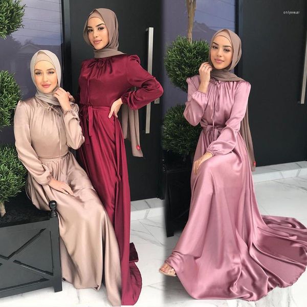 Ropa étnica Abayas de seda para mujeres Vestidos musulmanes de lujo Mangas largas Dama elegante Dubai Indonesia Satén Maxi Robe Caftan Marocain Femme