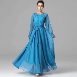 Etnische kleding Silky SHR Holiday Travel Party Jurk Abaya Women Kaftan Vestidos Elegante Chiffon Long Slve Muslim Arabische Islamitische Kleding Robe T240510